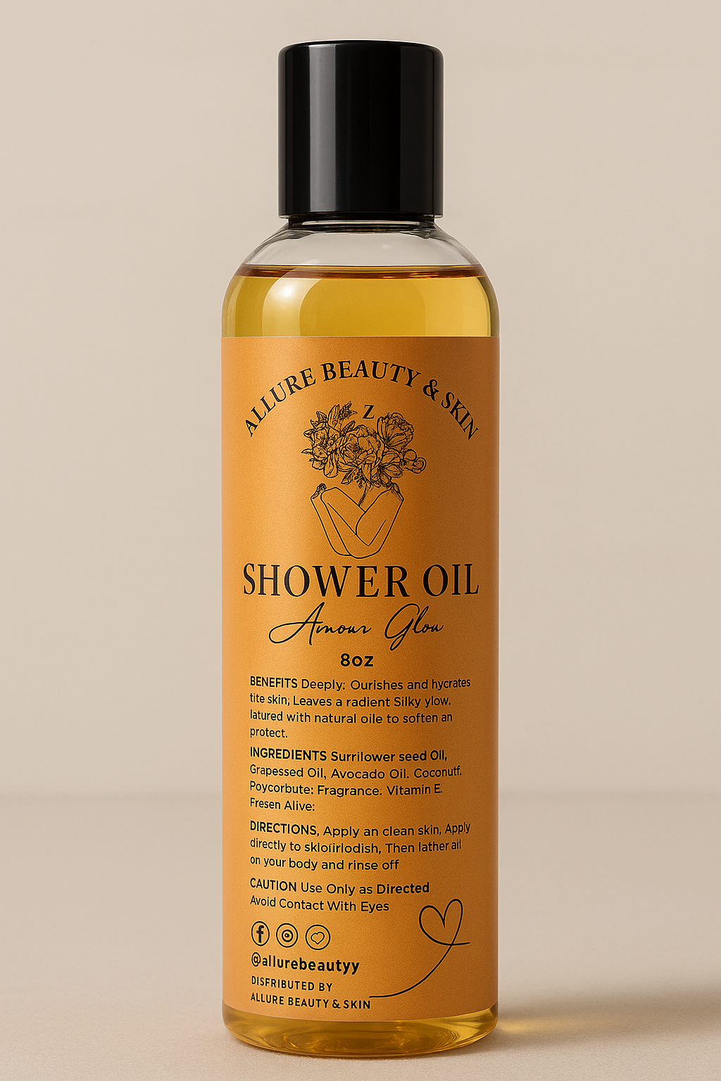 Amour Glow Shower Oil by ALLURE BEAUTY & SKIN in a stylish bottle with golden liquid, ideal for nourishing and hydrating skin during showers.
